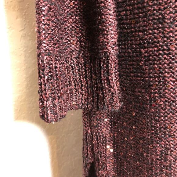 WHBM maroon wine sequin embellished long open front duster cardigan size Large - Picture 5 of 15